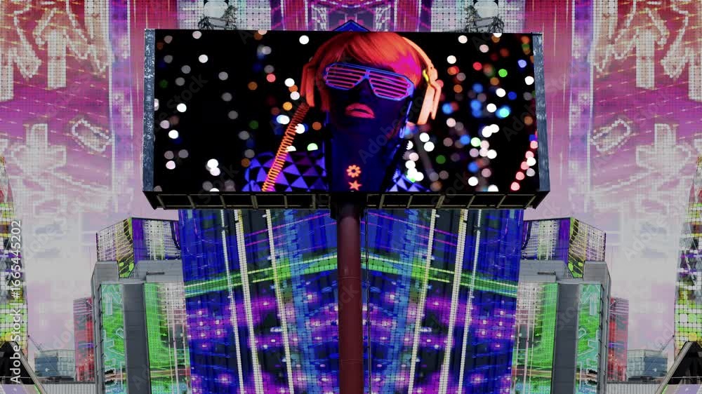 Poster city with overlayed code and data and billboard with disco dancer