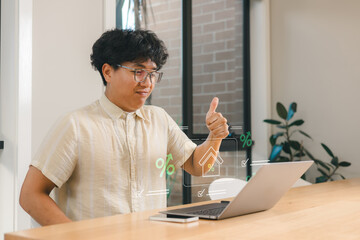 Real estate investment growth concept with businessman showing thumbs up and rising house...