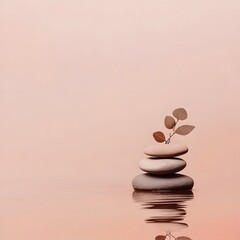 Serene Stacked Stones with Branch and Leaves on Calm Water, Spa Meditation
