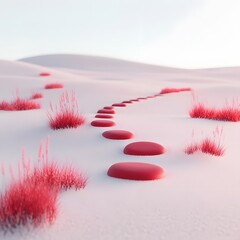 Serene Red Stones Path in Minimalist Winter Landscape