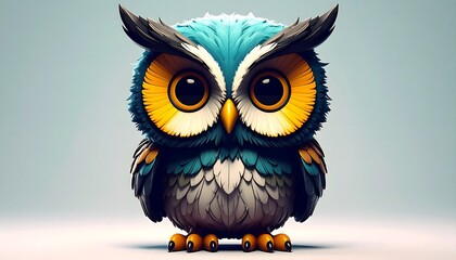 A charming, digital rendering of a stylized owl with vibrant blue, yellow, and gray feathers, set against a simple pastel background.