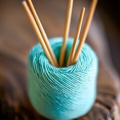 Teal Yarn Ball with Wooden Knitting Needles Close Up
