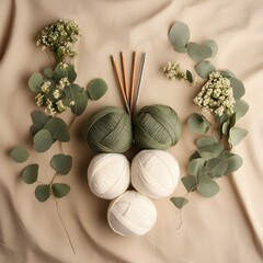 Knitting Yarn Balls, Needles, Eucalyptus Leaves and Flowers