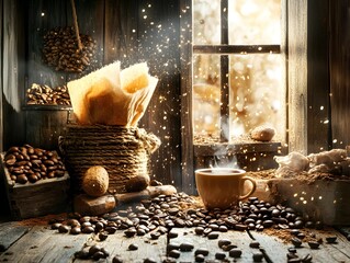 Rustic Coffee Shop Still Life, Warm Cup of Coffee Beans and Grounds