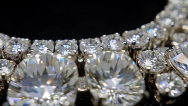 Close up view of a diamond necklace with large and small clear stones on a dark surface