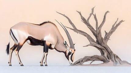 Gemsbok Antelope Grazing Near Dead Tree in Desert