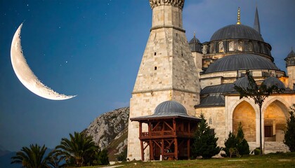 A crescent moon hangs above a historic mosque, illuminated by the soft glow of twilight.