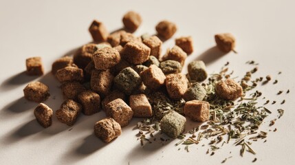 Obraz premium Premium dry kibble with fresh herbs on white surface
