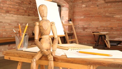 Artist's wooden mannequin posing next to easel and art supplies in studio
