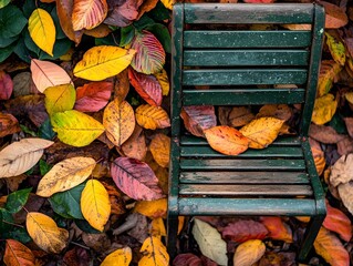Autumn Leaves Surround Old Green Chair Scenic Image
