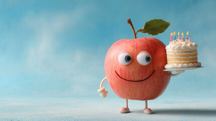 Happy Birthday apple, cartoon, holding a birthday cake, on blue background. 