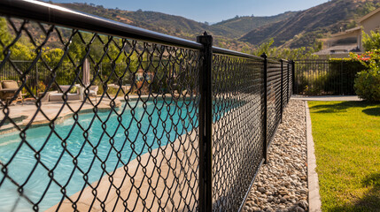 Backyard in ground pool with a pool fence surrounding, for child safety and drowning prevention
