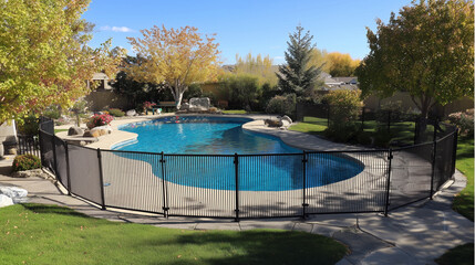 Backyard in ground pool with a pool fence surrounding, for child safety and drowning prevention