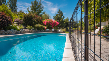 Backyard in ground pool with a pool fence surrounding, for child safety and drowning prevention
