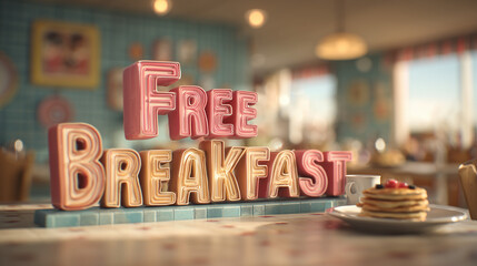 Free Breakfast - hotel concept, with de focused hotel lobby area offering continental breakfast as a perk