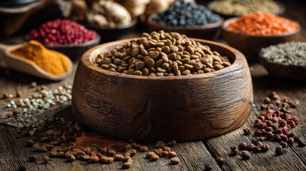 Pet food bowl with organic ingredients on wooden background
