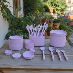 Pastel Purple Utensil Set and Bowls on Wooden Table Outdoor Setting