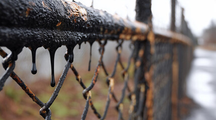 Rusty old metal chain link fence, creepy and spooky vibe