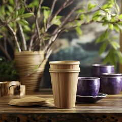 Eco-Friendly Bamboo Cups Tea Ceremony Still Life Photography