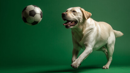 Labrador retriever dog playing and chasing a soccer ball, green background with copyspace