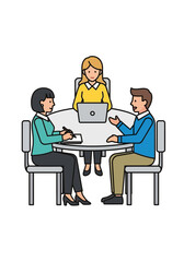 Three People Meeting Around a Round Table with Laptop and Notebook.