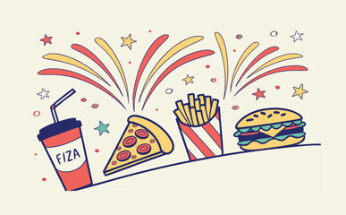 A colorful doodle-style celebration where fireworks explode into delicious fast food icons including pizza, fries, burgers, and milkshakes.
