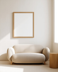 Bright and stylish modern living room interior featuring a rounded beige sofa, wooden side table, and vertical empty frame on the wall, ideal for showcasing artwork or branding mockups