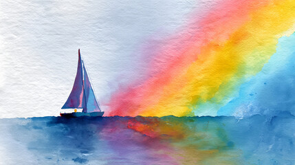 Watercolor sailboat, with dreamy rainbow colors at sunset
