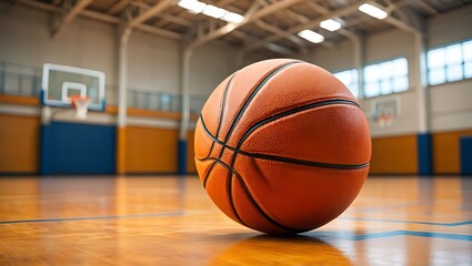 Basketball's Center Stage: The ball takes center stage within a grand gymnasium, bathed in natural light and echoing the hushed anticipation of a thrilling competition.