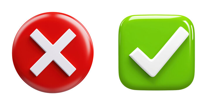 3D rendered red cross symbol and green check mark icon, representing approval and rejection, isolated on transparent background