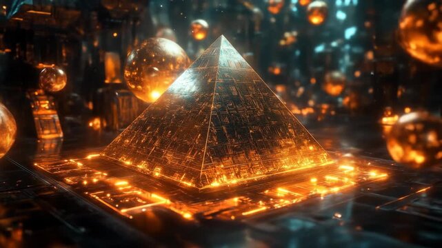 Abstract golden pyramid shape with floating orbs and dark background