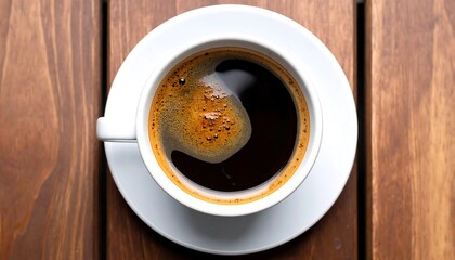 Aromatic dark coffee in a white cup on a wooden surface.