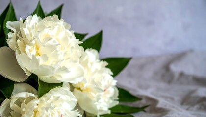Obraz premium A close-up view of a bouquet of pristine white peonies, showcasing their delicate petals and lush green leaves against a soft gray background.