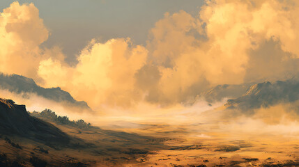 Vast golden valley under a cloudy sky at dusk showcasing dramatic landscape and soft light variations Generative AI