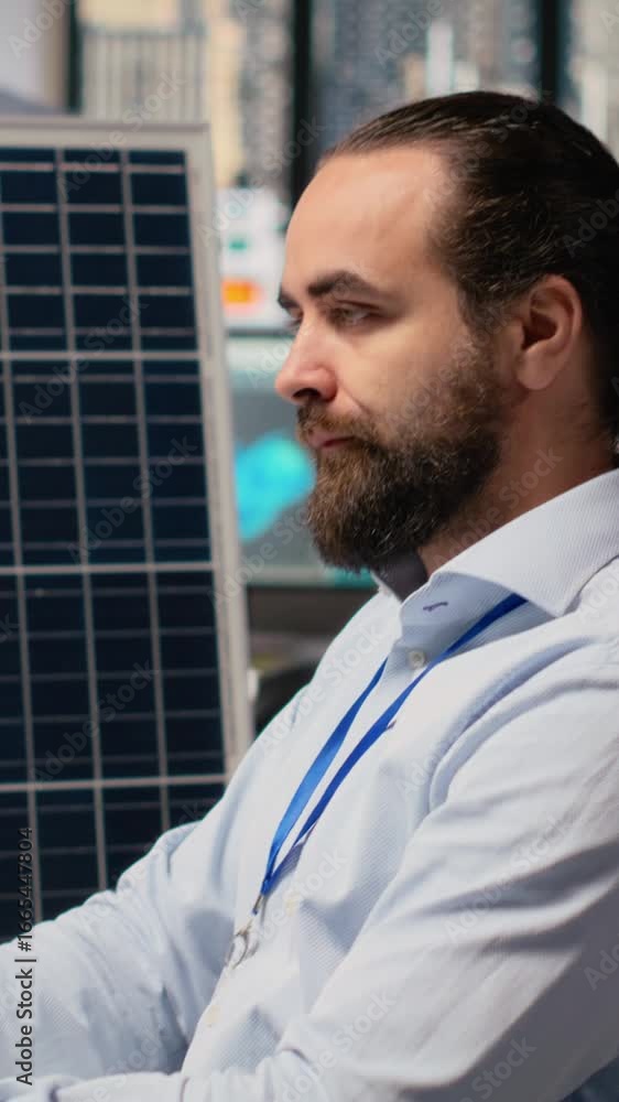 Poster renewable energy researcher using simulation software to automate solar panels assembly and wind tur