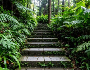 Lush forest stairs leading into a dense jungle