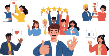 People rate product or service with five stars, good reviews set. Positive customer feedback in social media, characters rate quality with thumbs up and okay gestures cartoon vector illustration 