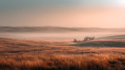 Fog blankets the vast prairie landscape at dawn, creating a serene atmosphere with soft colors and gentle hills Generative AI