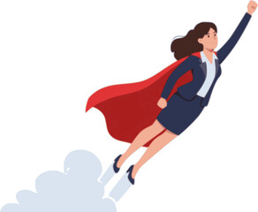 Obraz premium Business lady superwoman flying up with focus on goals, success opportunity, achievement of female leader. Confident brave and strong businesswoman in red superhero cape cartoon vector illustration