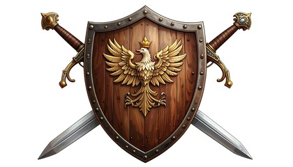 A detailed illustration of a medieval shield and crossed swords, displaying intricate golden designs and a rustic wooden texture.