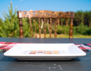 Empty white plate on a wooden outdoor table