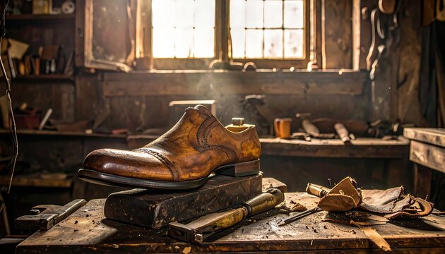 Handcrafted leather shoe on a workbench in a traditional cobbler's workshop - Powered by Adobe