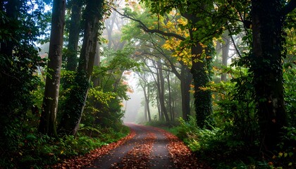 A winding path through a misty autumn forest, showcasing vibrant fall foliage and tall trees.