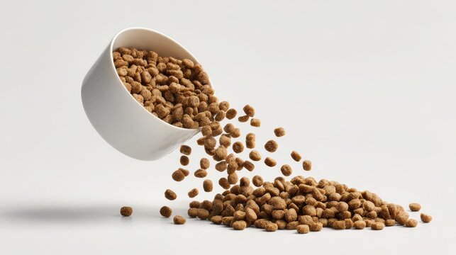 Pet food measuring cup with kibble spilling out on white background