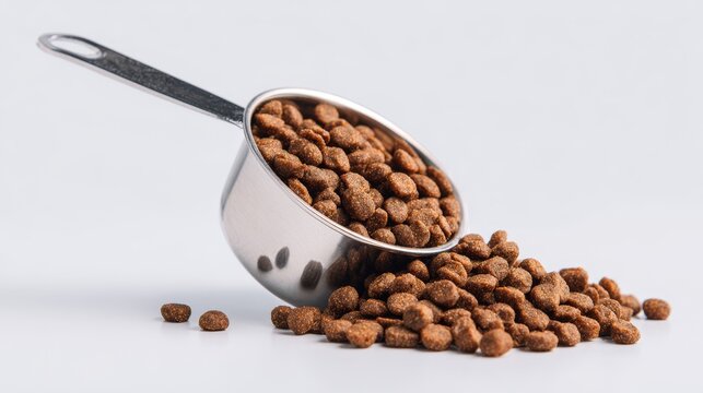 Pet food measuring cup with kibble spilling out on white background