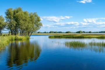 Tranquil lake scene under a vibrant blue sky