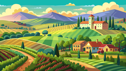  very beautiful Italian vineyards cartoon landscape with green hills and fields. Vector illustration. Flat design banner. European summer rural scenery