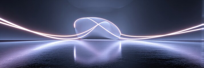 Abstract scene with glowing light trails and a reflective surface