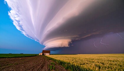 A dramatic landscape displays a powerful storm cloud hovering over a lone farm house in a golden wheat field, illuminated by vibrant lightning.