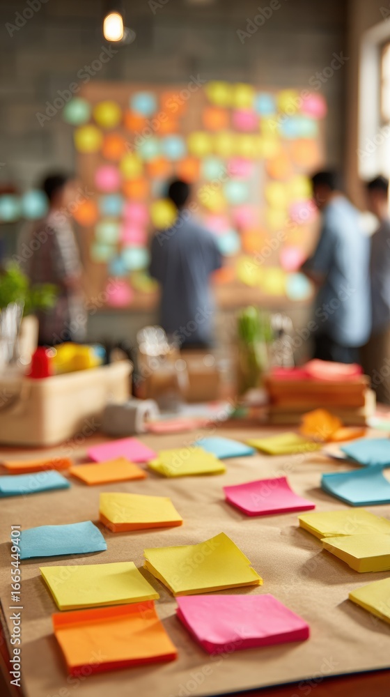 Poster creative brainstorming session taking place in a vibrant workspace with colorful sticky notes and en